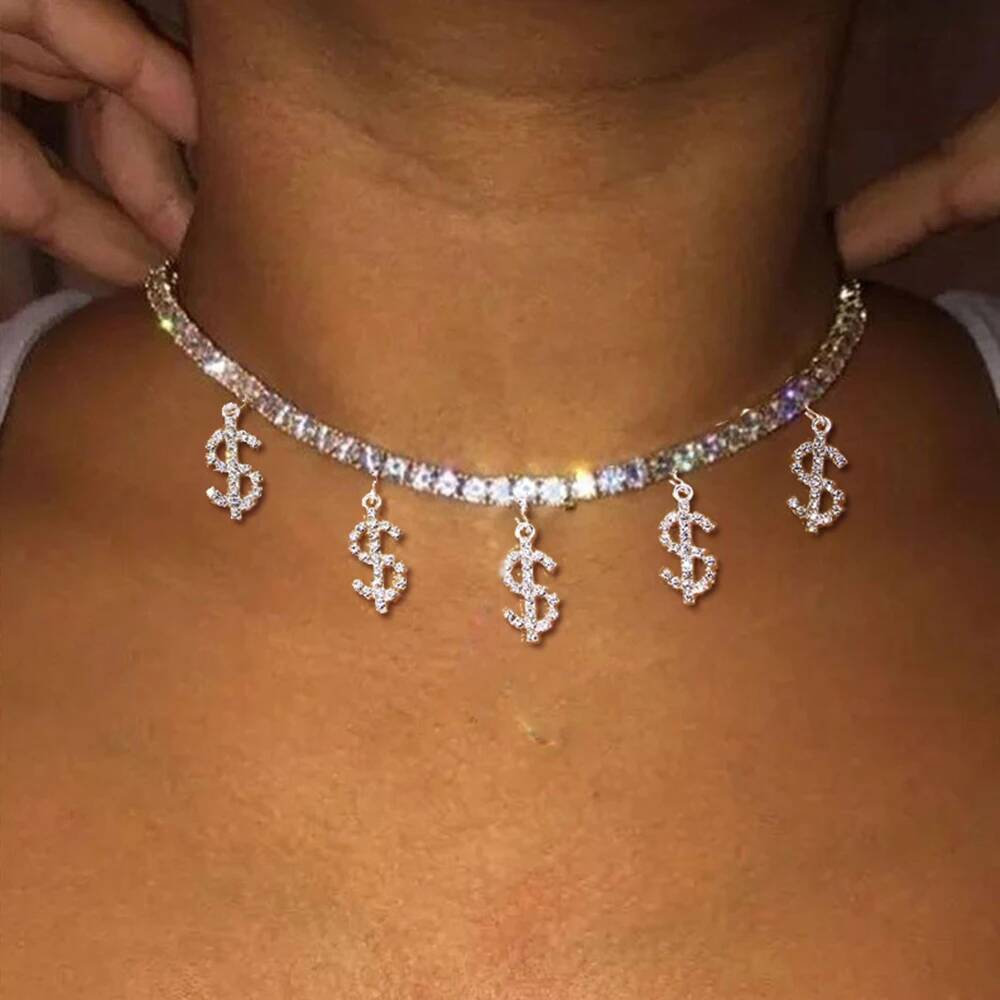 Bling Rhinestone Dollar Sign Pendant Choker for Women Gold Sier Color Crystal Chain Necklace Statement Jewelry