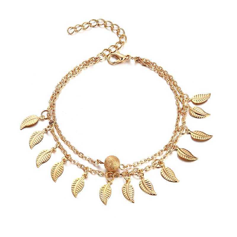 New European and American selling beach leaf anklet simple double tassel ethnic style women small leaf foot Accessories Jewelry W250604