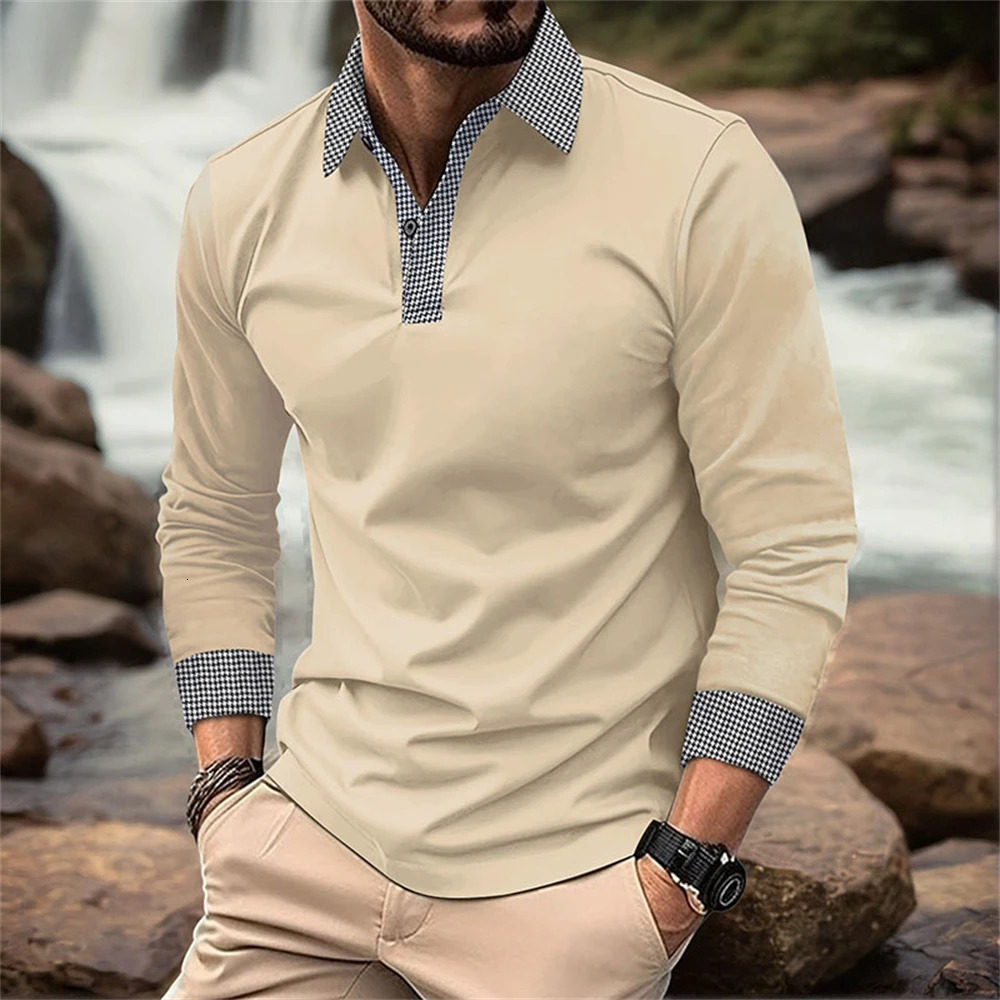 Fashion Flip Collar Office Polo Shirt Mens Breathable Leisure Long Sleeve Tops Spring and Autumn Plaid Casual Clothing 250604Z