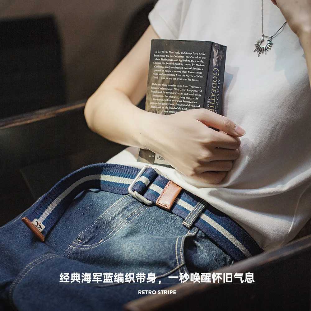 Maden Womens No-hole Blue and White Colorblocking Belts Double Ring Buckle Belt Retro Striped Woven Canvas Elastic Belt W250604