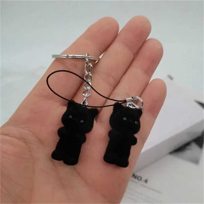 Cute 3D Flocking Black Kitten Keychain Little Cat Couple Mobile Phone Pendant Car Keyring Earphone Backpack Charms Bag Decor W250604