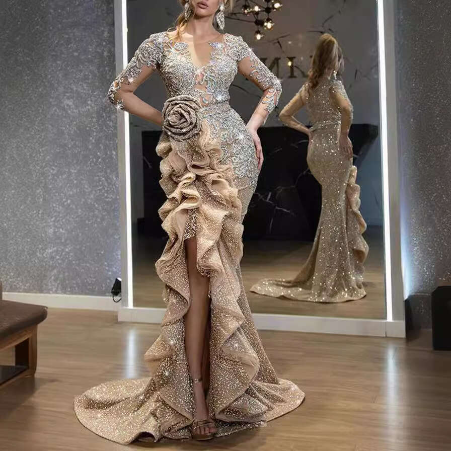 2020 New Women's Sexy Gold Sequin Long Sleeve Party Dress with Train