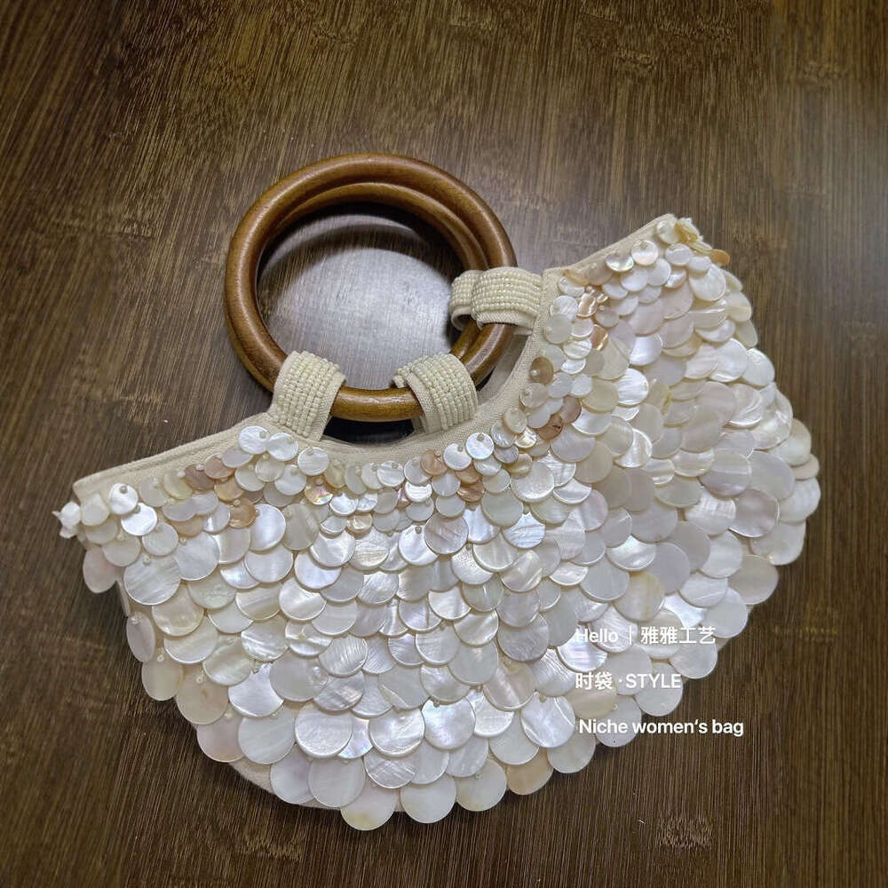 Woven Bag Leather Early Spring New Internet Celebrity Same Style Korean Niche Shell Wooden Handle Beaded Handbag Tote Bag Soft Woven Tote