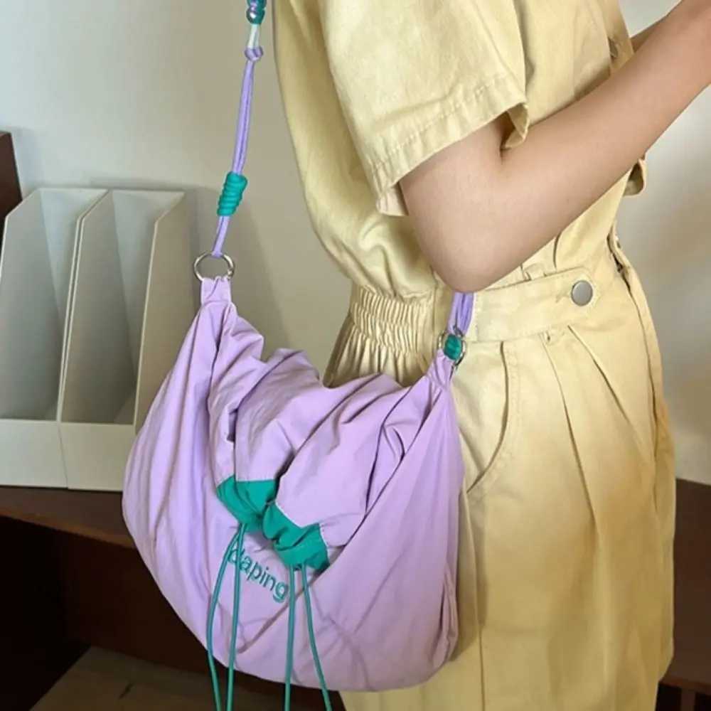 Casual Lightweight Shoulder Bag Contrast Color Letter Crossbody Bag Large Capacity Nylon Drawstring Bag for Girls XJ250604