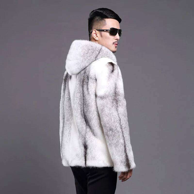 Men's fur mink coat hooded slim-fit zipper short casual jacket plus size