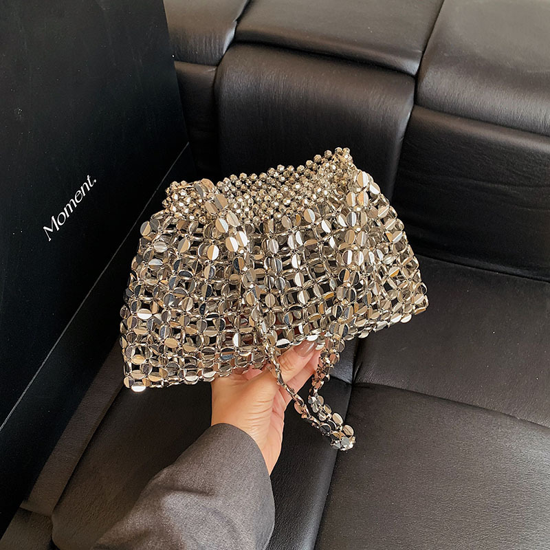 2025 New Fashion Metallic Silver Hollow Out Single Shoulder Crossbody Bag Beaded Woven Stylish Underarm Parent-Child Bagy6
