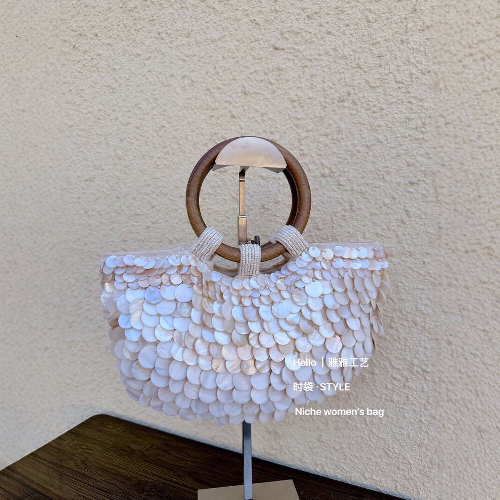 Woven Bag Leather Early Spring New Internet Celebrity Same Style Korean Niche Shell Wooden Handle Beaded Handbag Tote Bag Soft Woven Tote