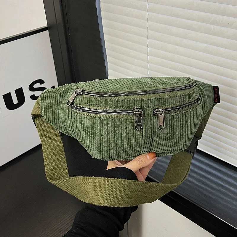 Black Waist Bag Big Corduroy Fanny Pack Womens Purse Casual Large Phone Belt Bag Multi Zipper Pocket Travel Crossbody Bag W250604