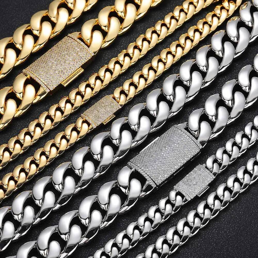 Hip Hop Rapper CZ Jewelry 12/22MM Real Gold Plated Solid Miami Cuban Link Chain Necklace For Men