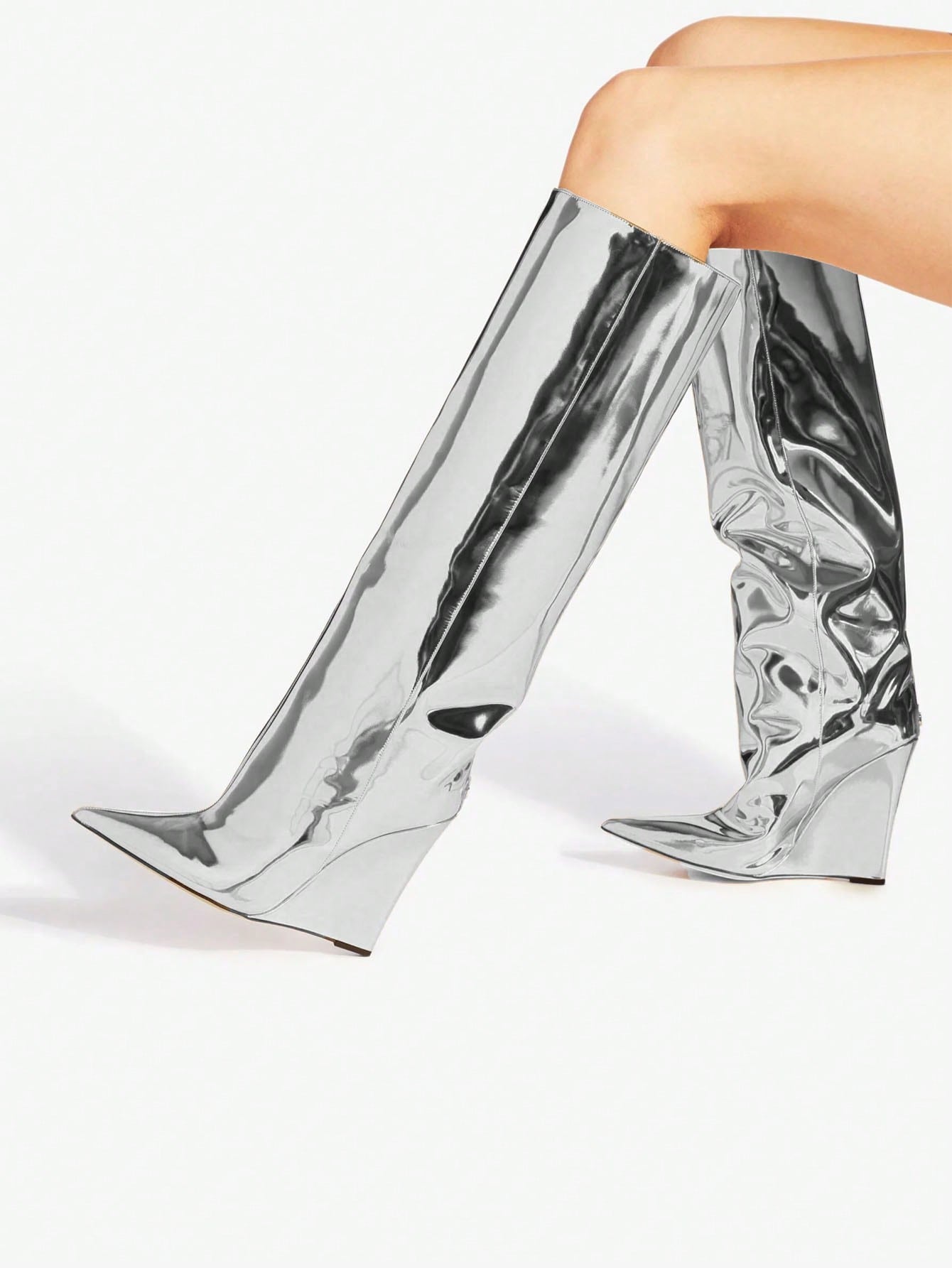 ARQA Ladies' Pointed-Toe Metallic Thigh-High Boots with Platform Sole