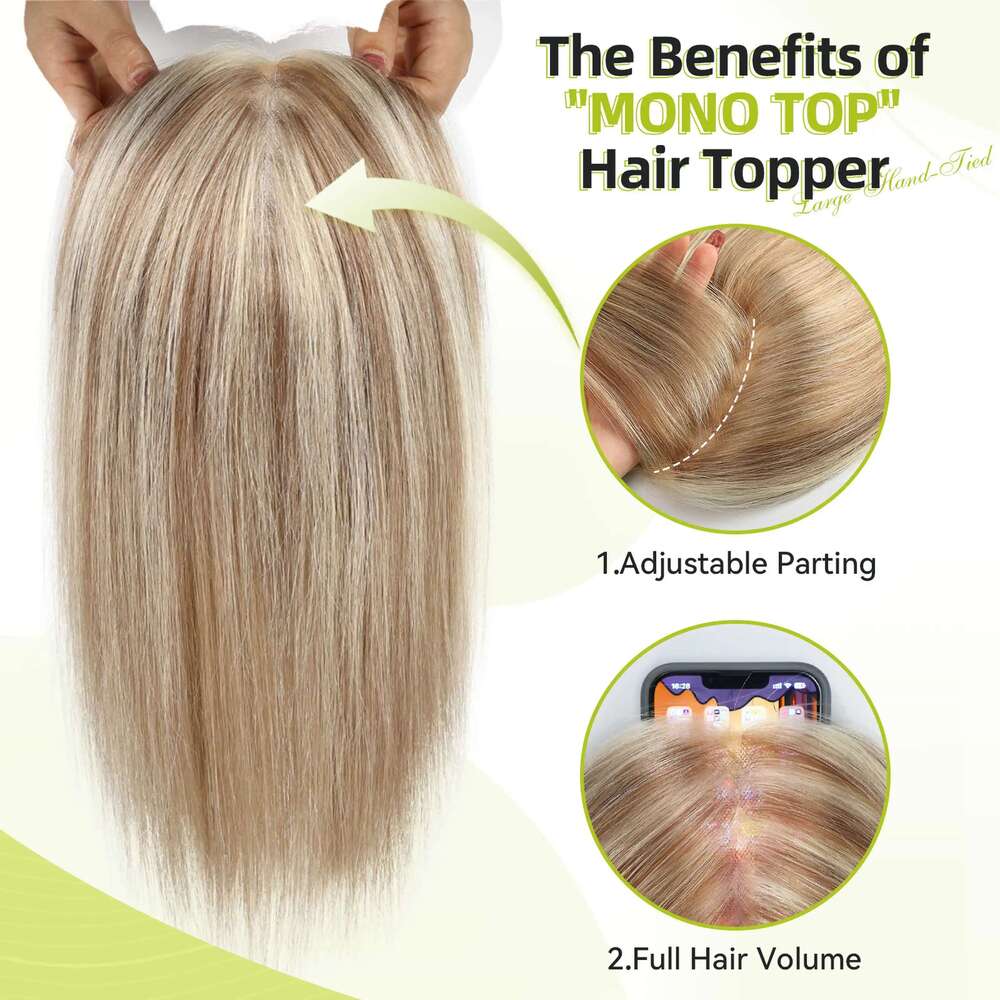 14inch Blonde Mixed Brown Topper with 4 Clips 100% Remy Mono Lace Base Human Toppers for Women Pieces Hair Extensions