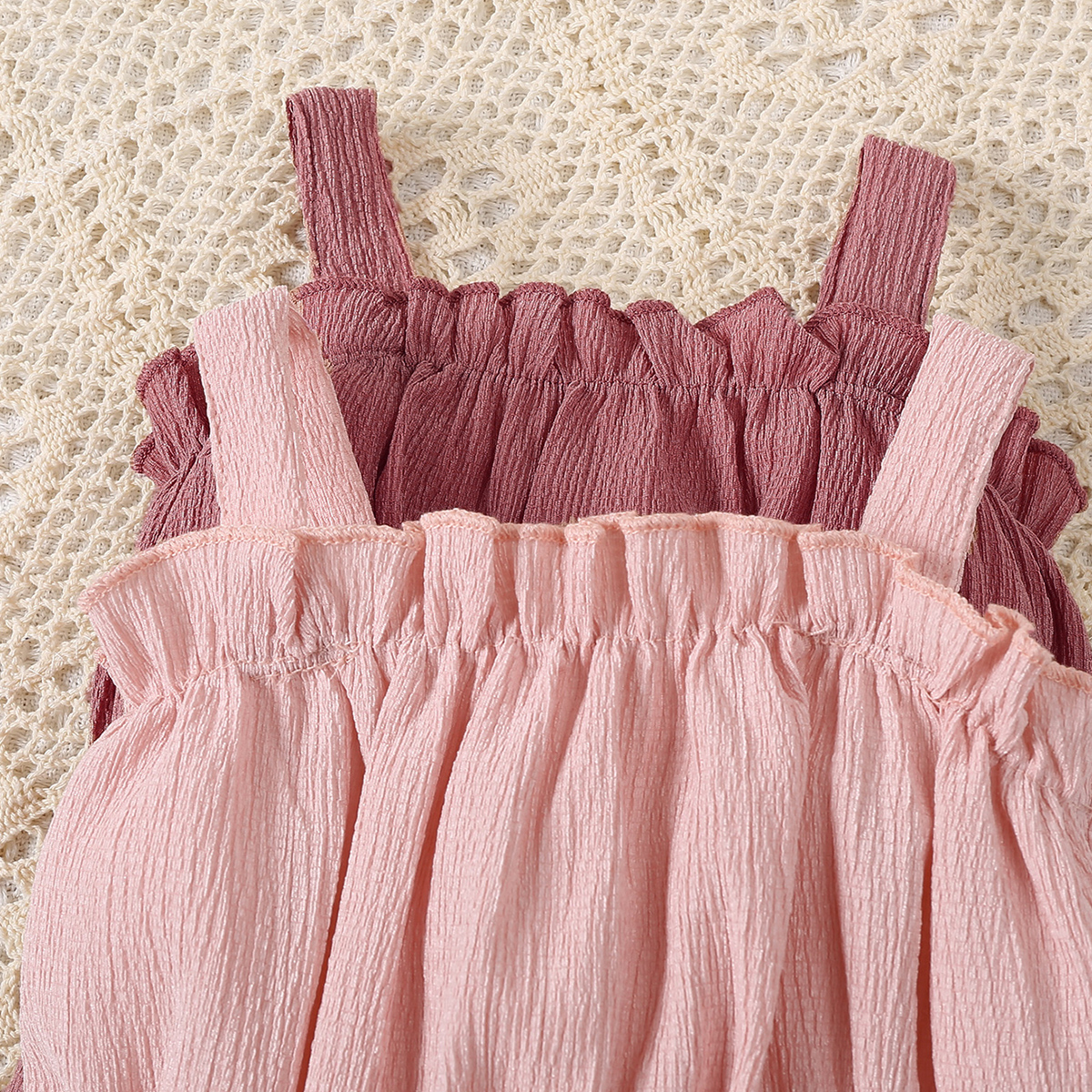 Two Pieces Girls' Fashion Pure Pink Color Baby Onesie Set with Soft Fabric & Stringy Selvedge Triangle Romper for Summer Outdoors