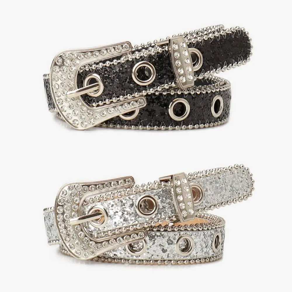 Street Style Sparkling Rhinestone Womens Belt Adjustable Length Glitter Waistband Imitation Leather Belt for y2k Girls W250604