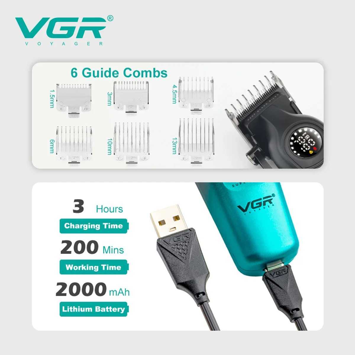 VGR 196 Professional Hair Clipper DLC Blade LED Display Cordless USB Ceramic Blade Mens Haircut Machine Hair Trimmer MachineXJ250604