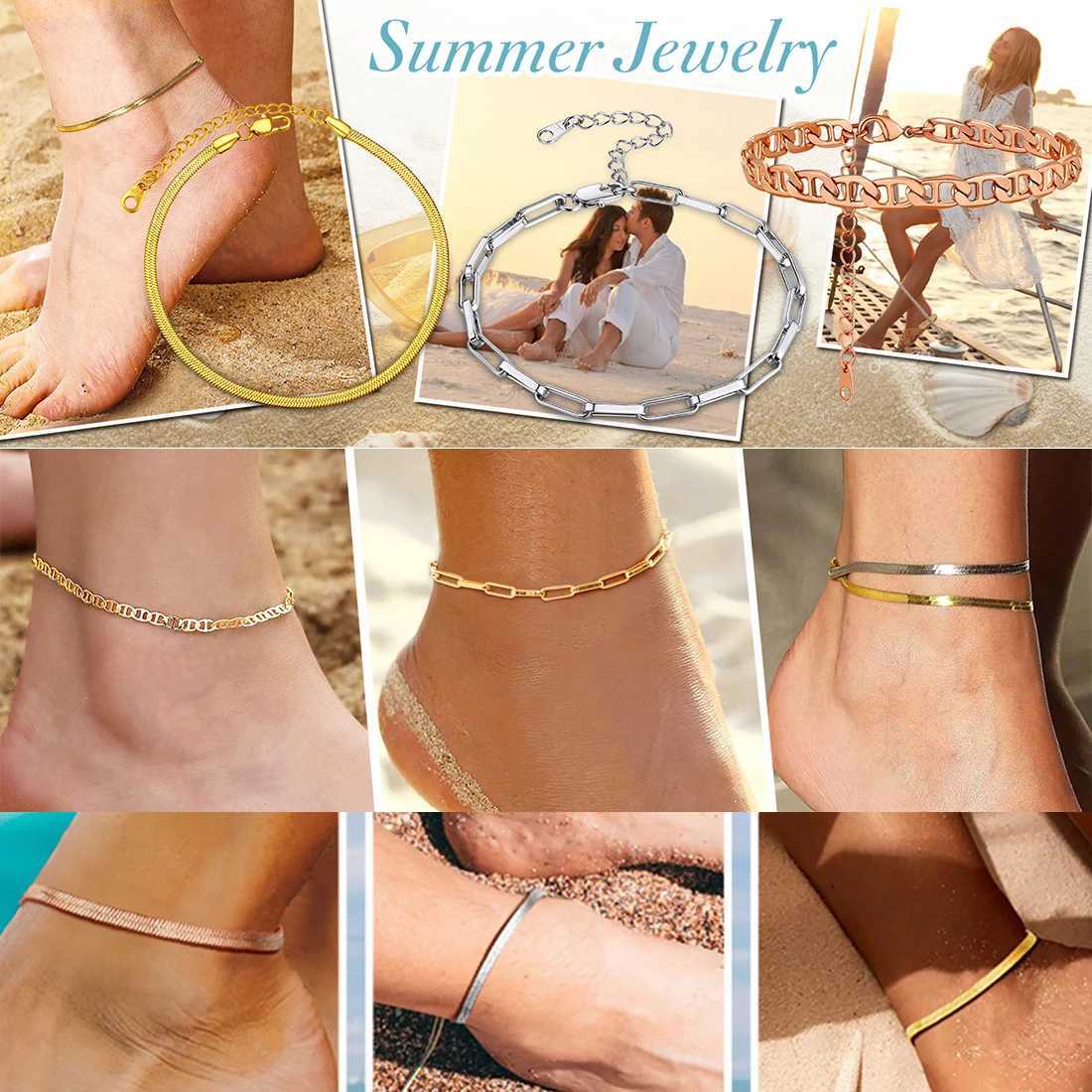 U7 Ankle Bracelets for Women 6mm Flat Curb Cuban Link Snake Figaro Mariner Link Chain Anklets Summer Beach Feet Jewelry Gift W250604