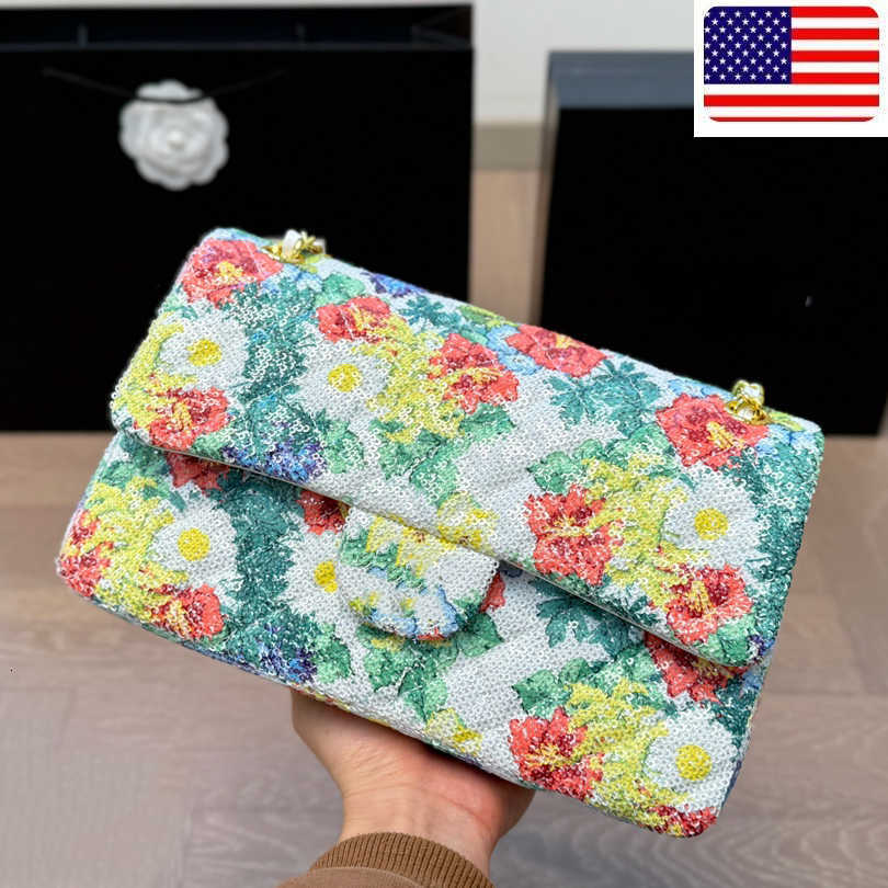 Designer bag Woemsn Designer Sparkly Sequins Flower CF Shoulder Bag Classic Double Flap Quilted Handbags Gold Matelasse Chain Crossbody Shimmer Glitter Makeup Bag