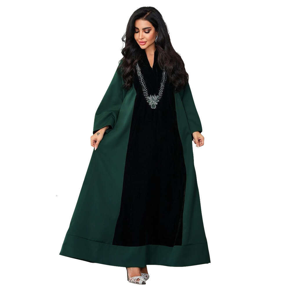 Because0243 Muslim Dubai Arabic Women's Clothing Rhinestone Velvet Patchwork Color Block Long Robe Dress B5