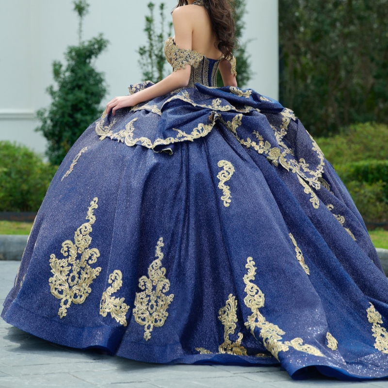 Navy Blue Sparkly Princess Quinceanera Dresses Off Shoulder Ball Gown Gold Appliques Lace Beading Bow Tull Sweet 16 Dress Vestidos De 15 Anos