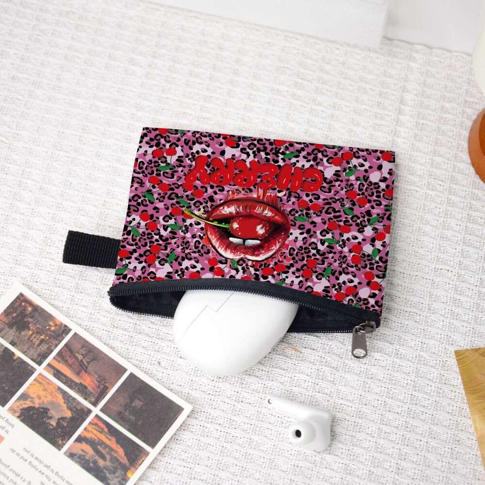 Cherry Leopard Print Purse Portable Key Storage Coin Change Card Holder Ins Small Square Bag