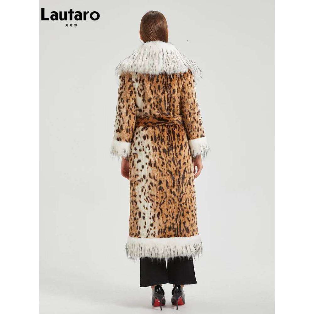 Lautaro-Faux Fox Fur Coat with Trim and Cuff for Women, Long Warm Thick Leopard Print, Furry Overcoat, Winter