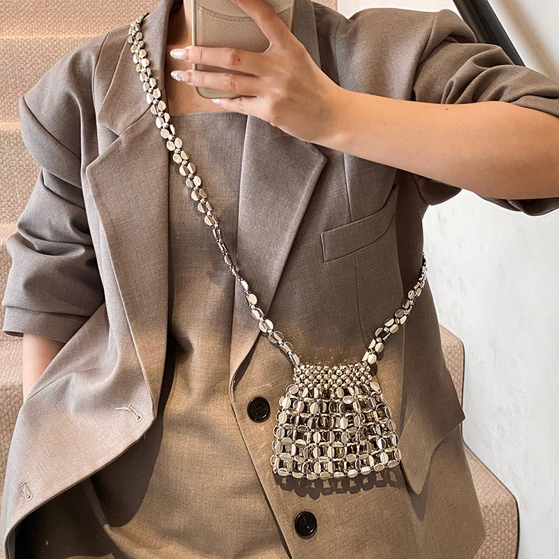 2025 New Fashion Metallic Silver Hollow Out Single Shoulder Crossbody Bag Beaded Woven Stylish Underarm Parent-Child Bagy6