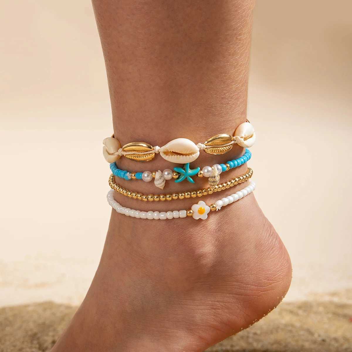 Tocona Bohemian Beach Shell Starfish Rice Beads Stretch Anklet Charm Anklet Set Holiday Multi-Layers Women Beach Jewelry W250604