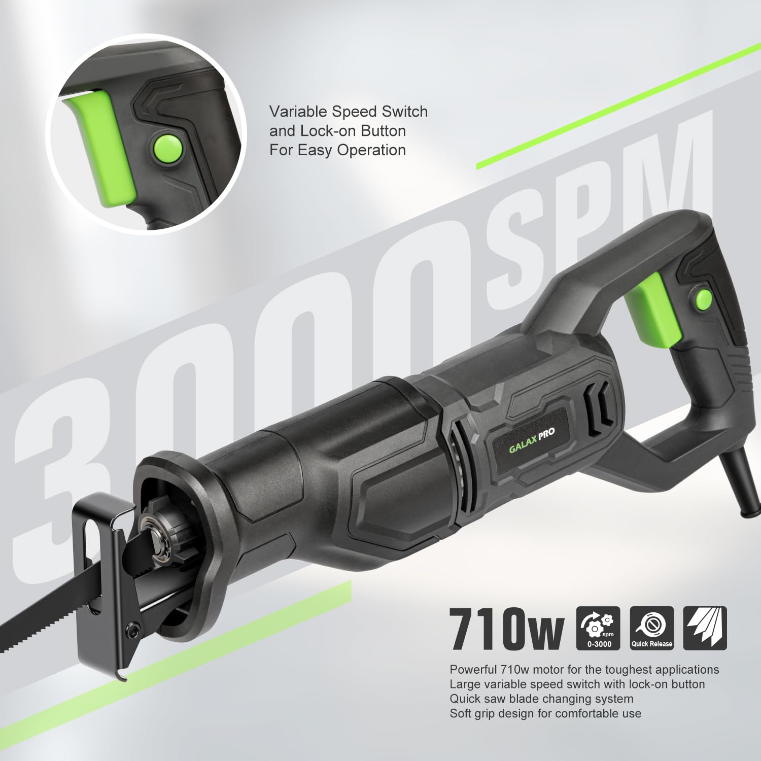 GALAX PRO 710W Reciprocating Saw with 3000 SPM Variable Speed, for Precision Cuts in Wood, Metal, and More, Tool-Free Blade Change