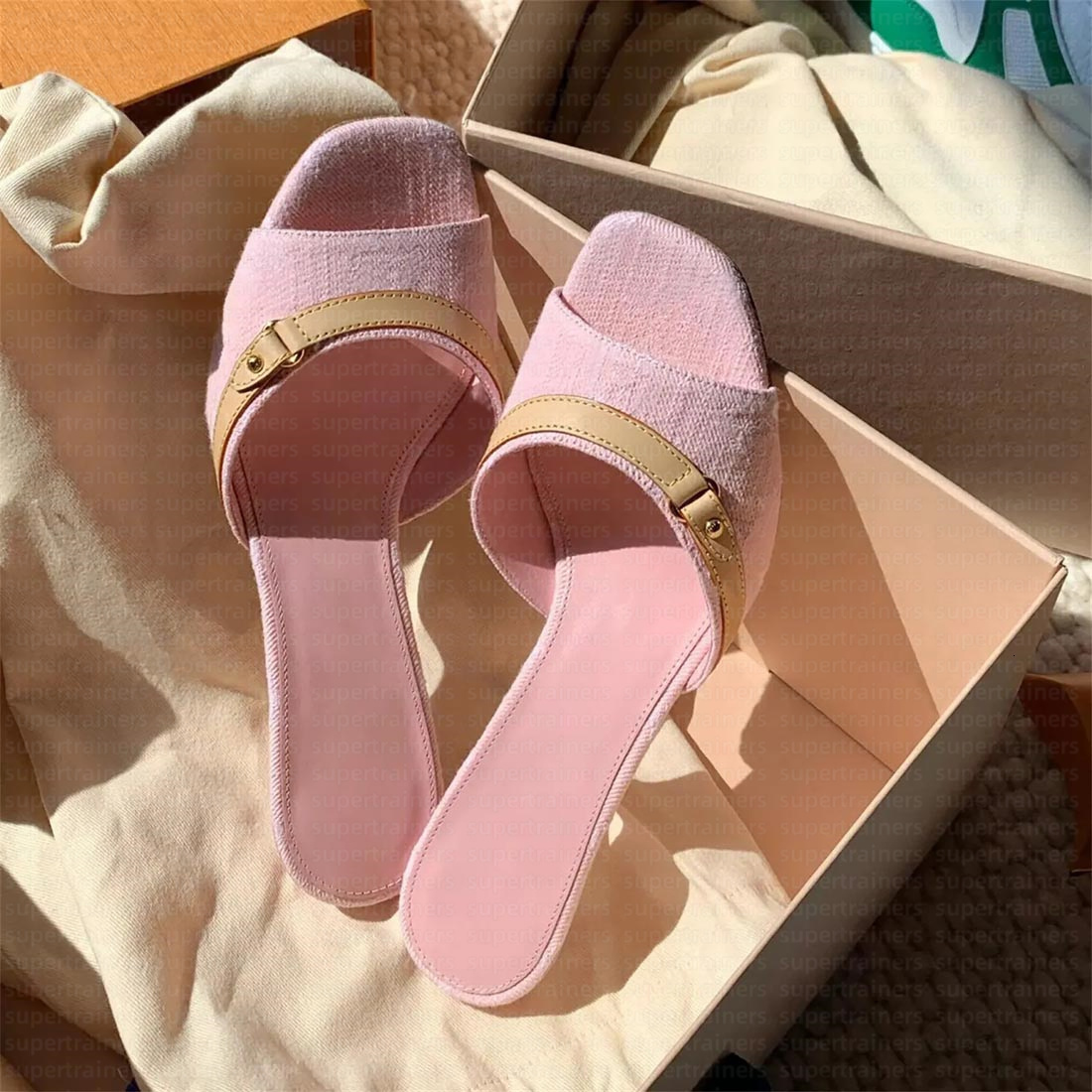 heels x TM Mule pink high heeled designer womens pink denim 6CM mules Signature Leather outsole models stiletto heel feminine style casual mule sandals