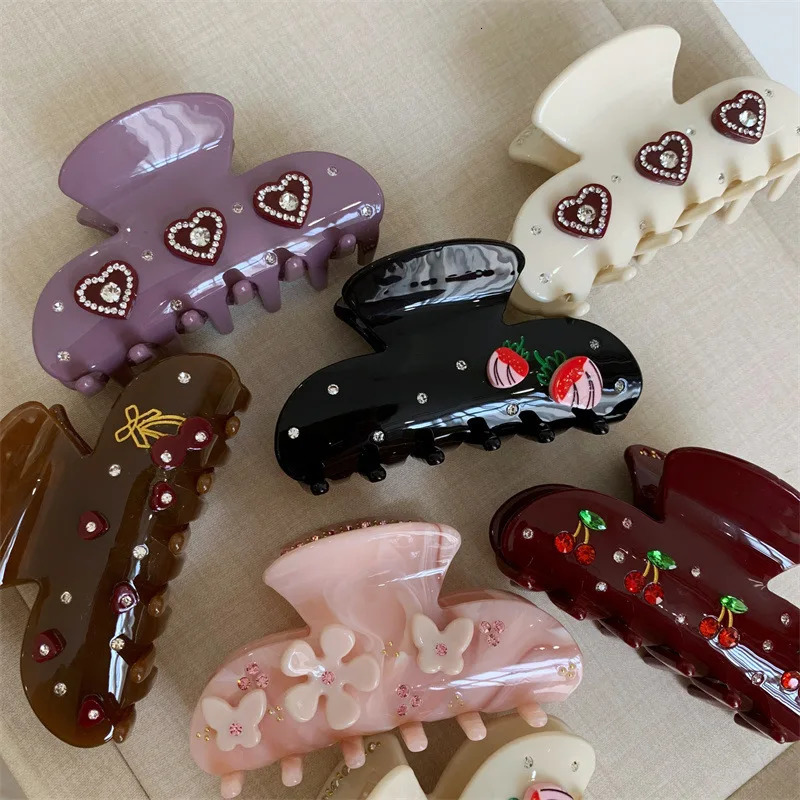 Fashion Fruit Cherry Crystal Hair Claw For Women Korean Elegant Acetate Claw Clip Hair Catches Hair Accessories 250528