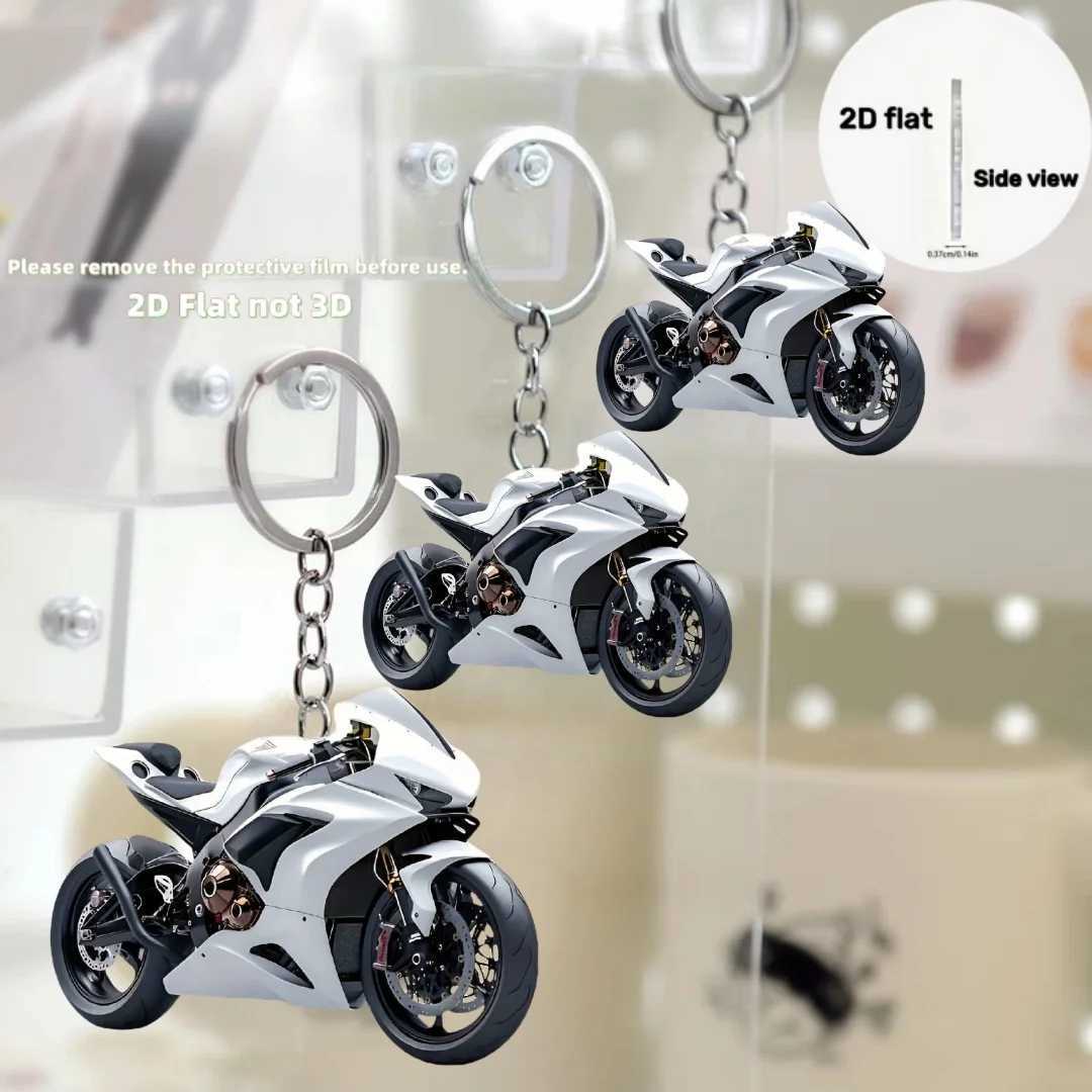 White Motorcycle Knight Pendant Keychain Moto Themed 2D Flat Acrylic Ornament Charms Hanging Decoration for Car Bag Festive Gift W250604