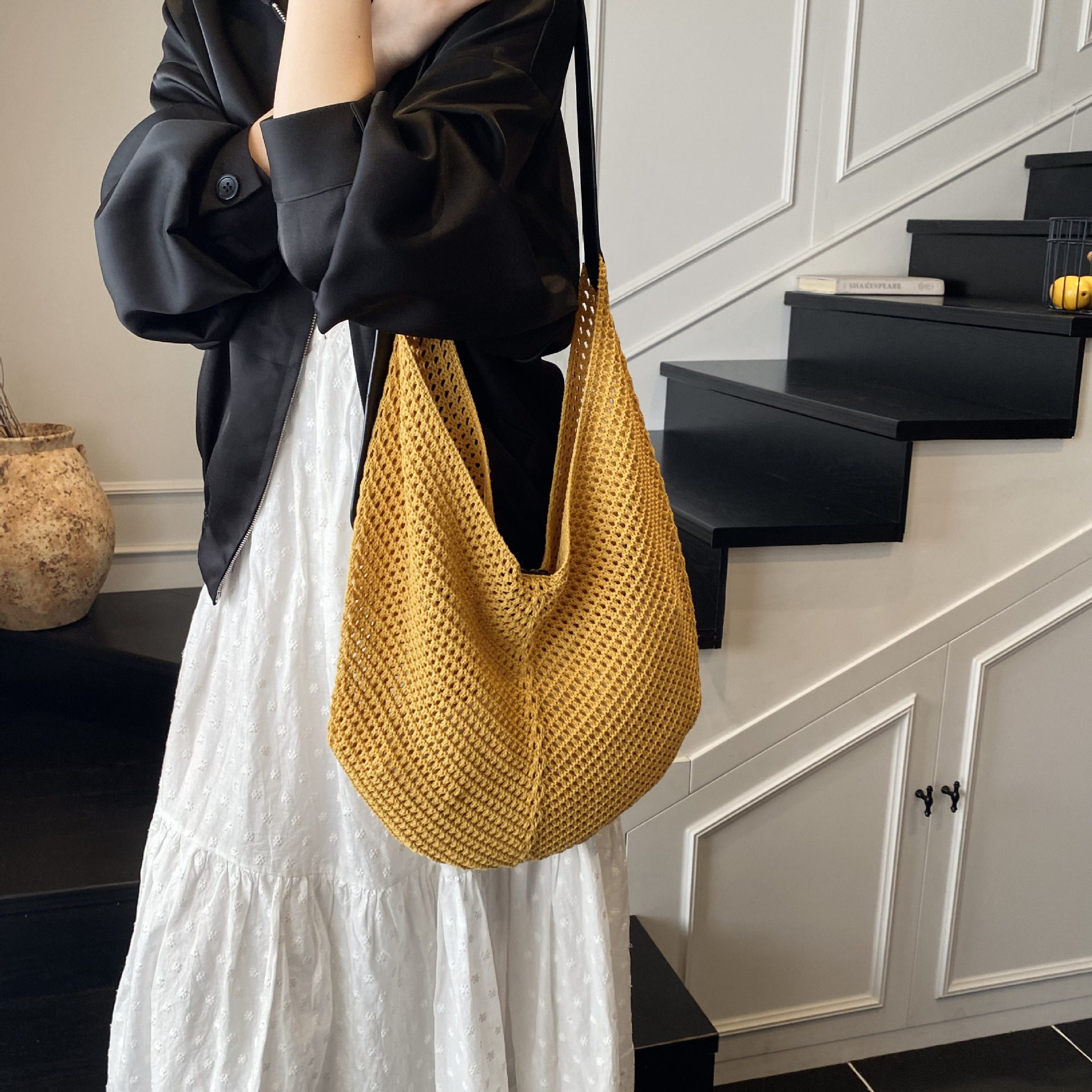 designer Summer Korean Niche Fashion Versatile Woven Rope Hollow Tote Design Mesh Handbag Mother and Child Bag Single Shoulder Large Bag