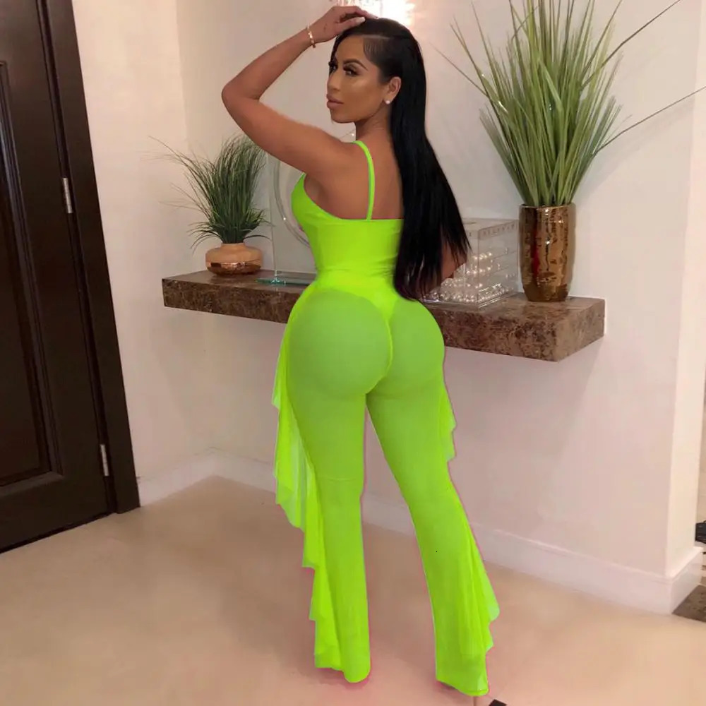 BKLD Ladies Tracksuits Festival Women Club Outfits Hollow Out Spaghetti Strap Bodysuit Ruffles Mesh Pant Set For Women 2025 250604