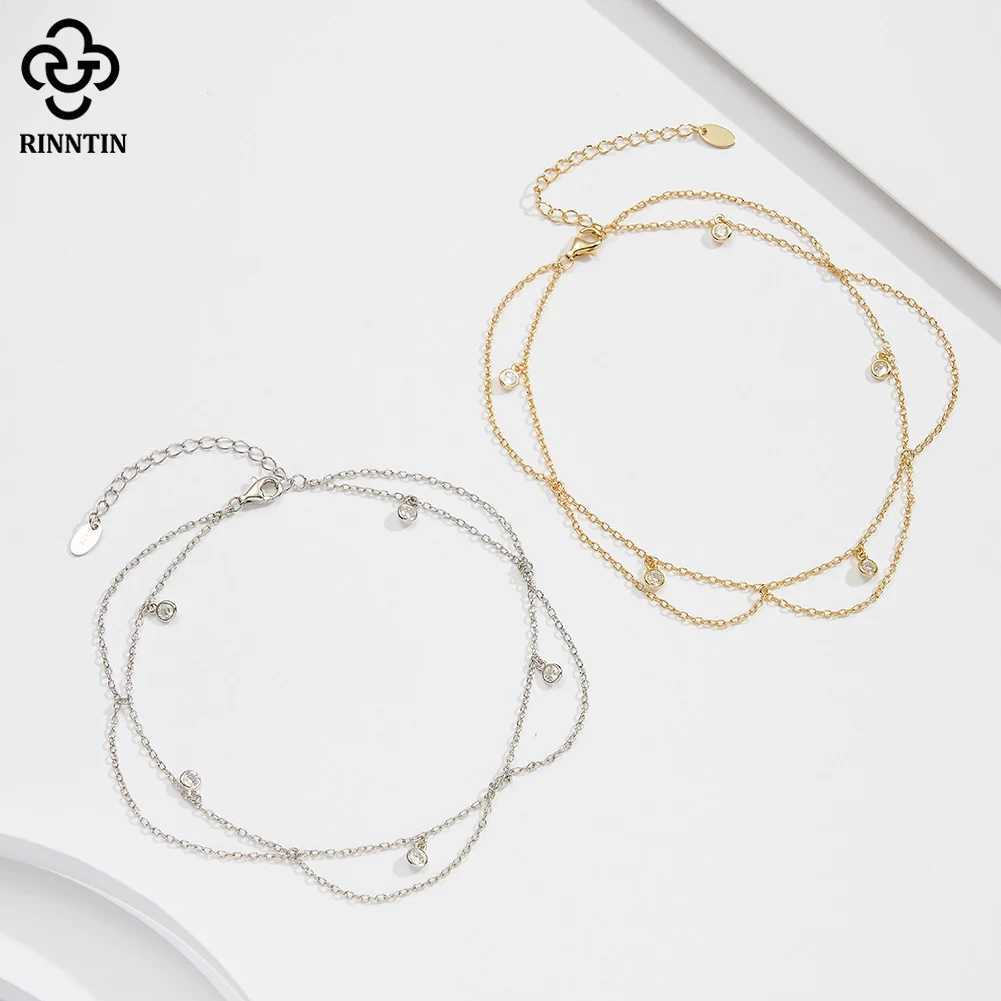 Rinntin 925 Sterling Silver Dangle Shiny CZ Anklet for Women Summer Foot Chain Bracelet Fashion Ankle Straps Jewelry SA72 W250604