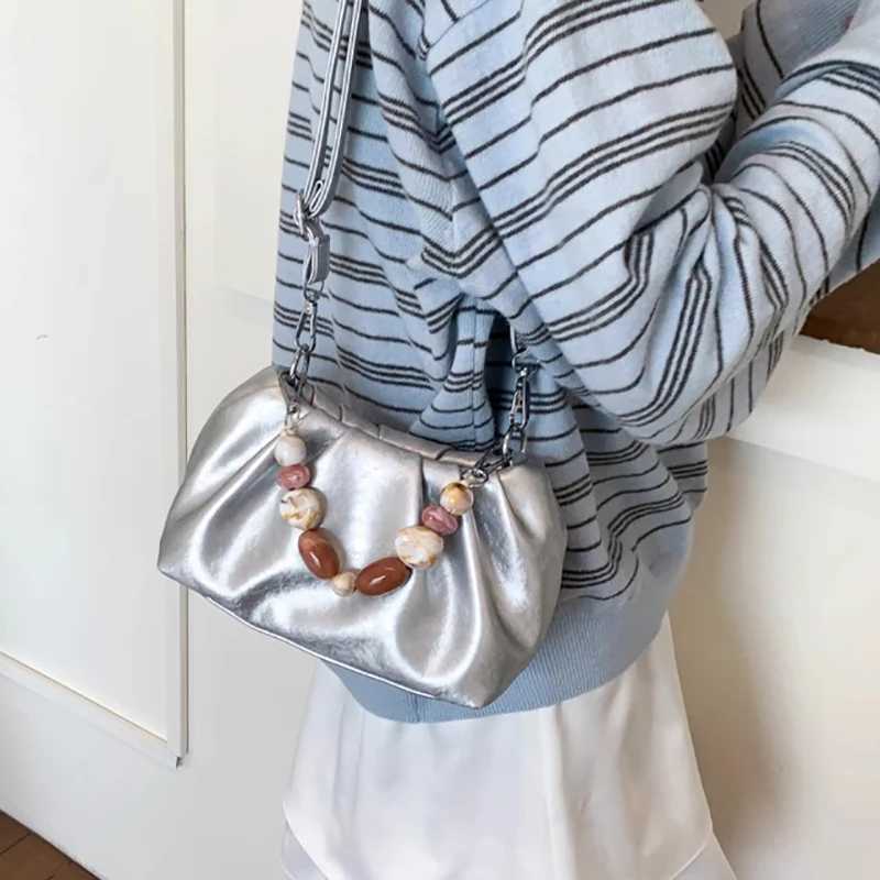 Retro Beading Crossbody Bag For Women 2025 New Solid PU Cloud Bags Summer Commuting Shoulder Purse Fashion Versatile Handbag XJ250604