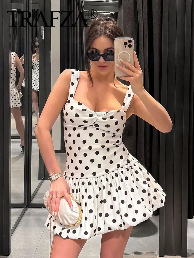 TRAFZA Summer Vintage Polkadot Sling Mini Dress For Women Sleeveless Pleated Slim Backless Balloon High Waist Trendy Dresses 250604