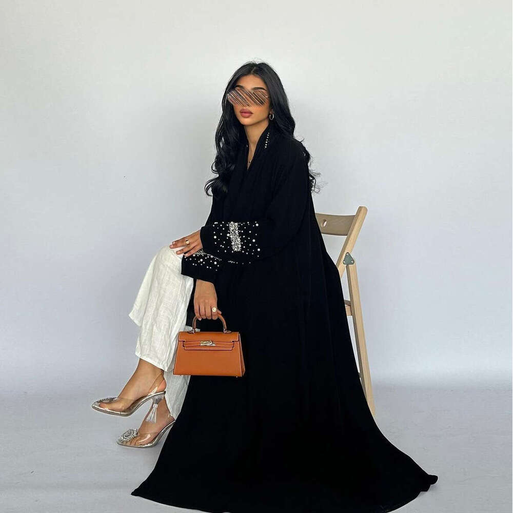 Mq128 Women's Long Dubai Rhinestone Beaded Cardigan Robe Dress With Headscarf B5