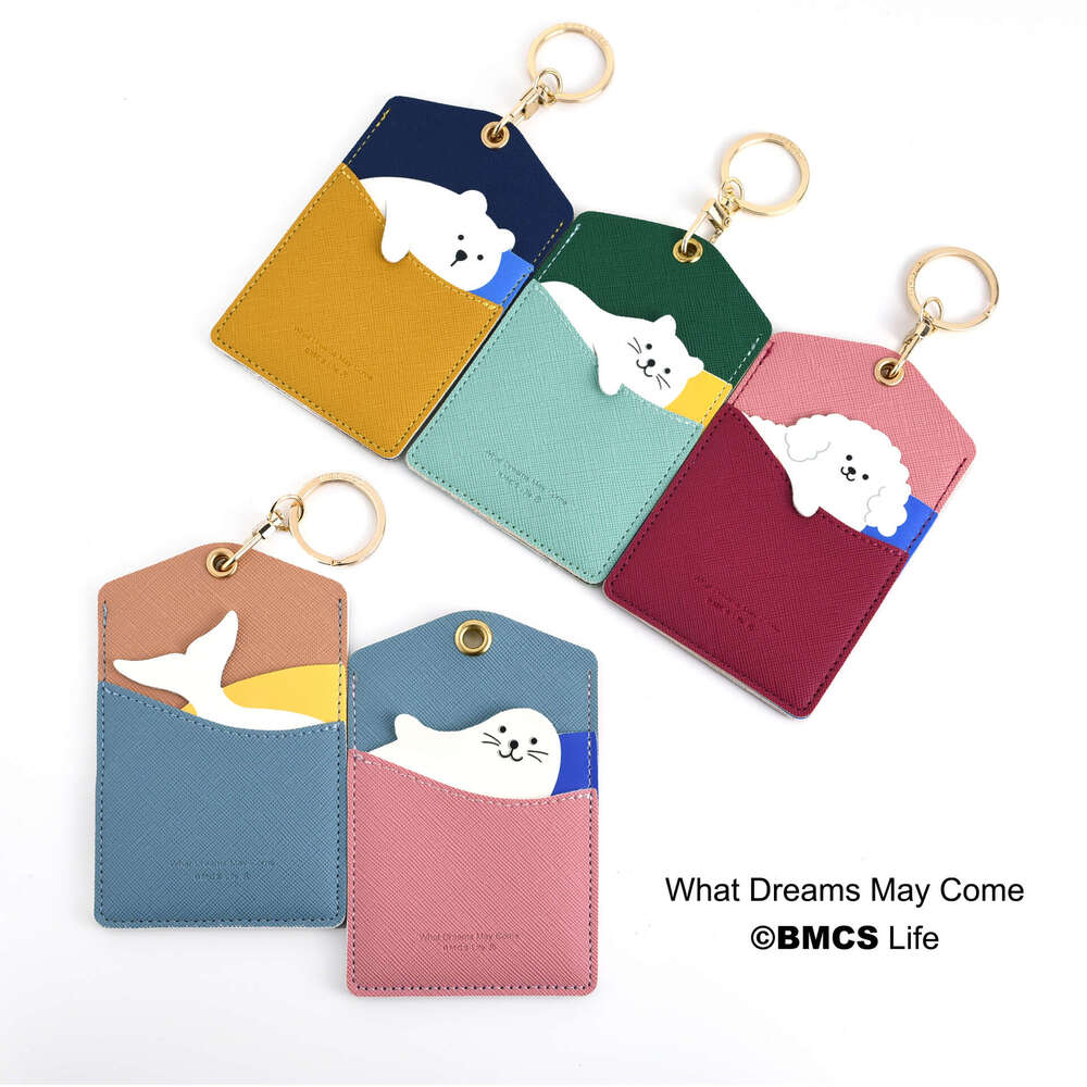 Korean and Japanese Cute Animal Leather Three Slots Student Bus Meal Card Holder Portable Keychain ID Clip