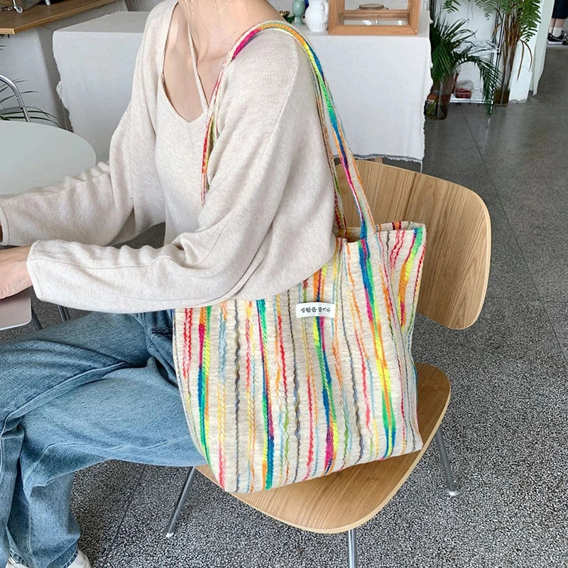 JIOMAY Handbags for Women 2024 er Beach Bag Casual with Buckle Cute Tote Bags Stripes Shopper Rainbow Canvas Shoulder Bag 250603