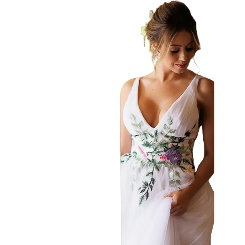 Romantic Colorful Floral Lace Appliques Bohemian Wedding Dresses V-Neck Sleeveless A-Line Long Tulle Garden Bridal Gowns Robe De Mariee Straps