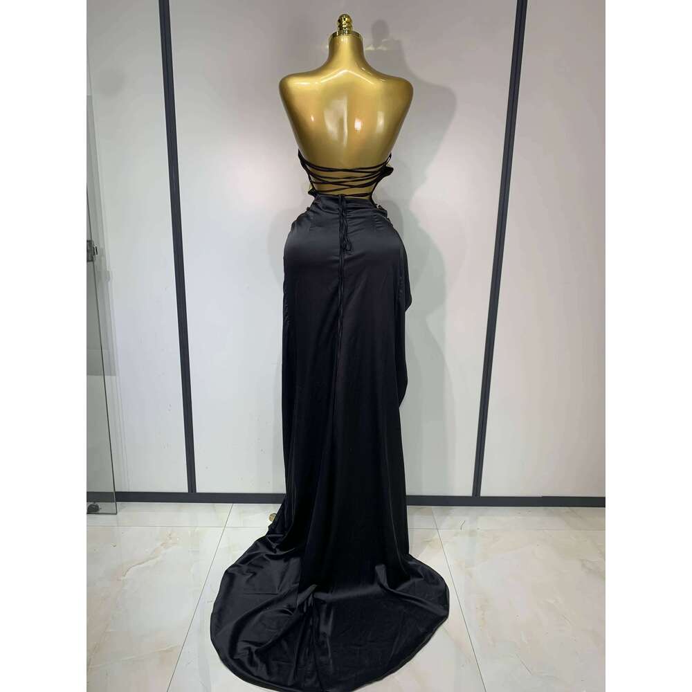 2025 New Arrival Women Gold Color Sexy Laced-Up Tops 2 Pieces Set Long Celebrate Evening Party Celebrity Elegant Dress