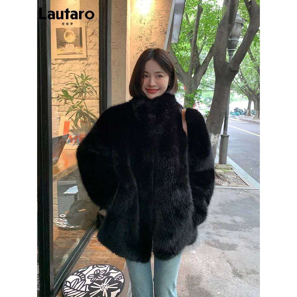 Lautaro Autumn Winter Black Soft Thick Warm Hairy Shaggy Faux Fox Fur Coat Women Stand Collar Loose Casual Fluffy Jacket