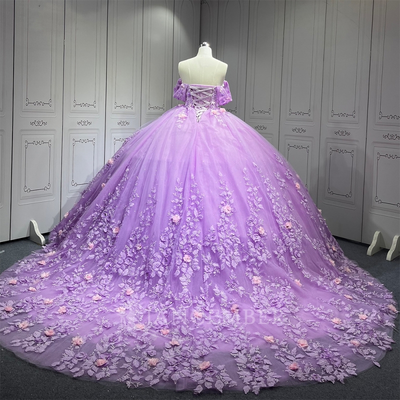 Lavender Quinceanera Dresses Ball Gown Off The Shoulder Applique Flower Beading Tull Party Birthday Sweet 16 Dress Vestidos 15 De Anos