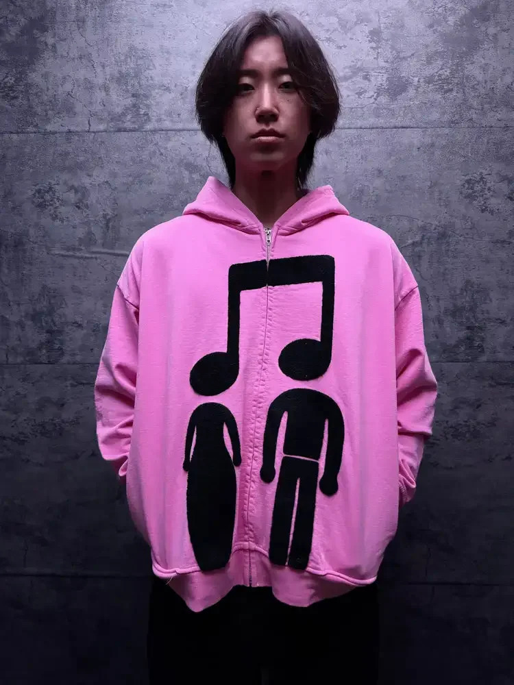 Music Connects Us Oversized Retro Zipper Hoodie Men Y2K American Trend Harajuku Hip Hop Goth Casual Joker Couple Street Wear 250529