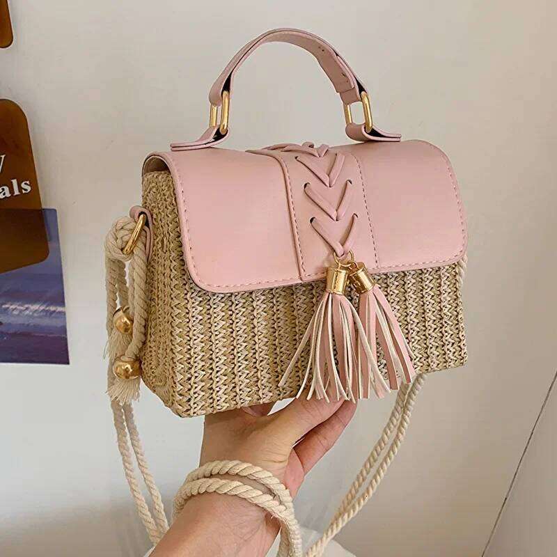 Retro Style Woven Grass Mini Bag Casual Women's Shoulder Crossbody Summer New Box Shape Handbag For Ladies