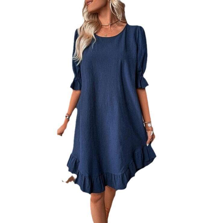 Spring Summer Women's Cotton Linen Mid-Sleeve Round Neck Solid Color Loose Fit Dress B5
