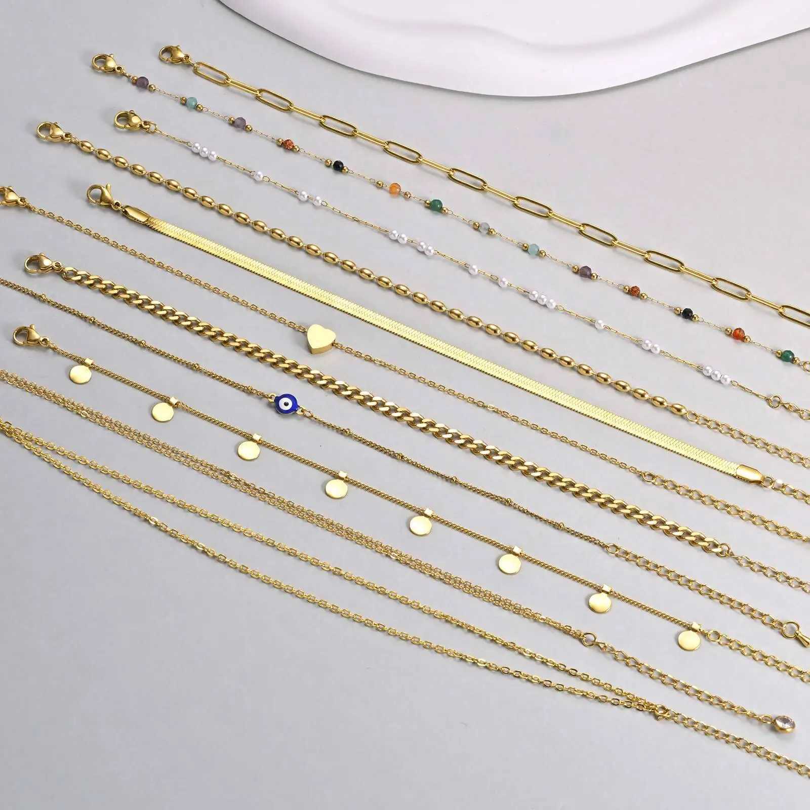 Waterproof Pearls Beaded Paperclip Evil Eye Anklet Bracelet Gold Plated Stainless Steel Link Chain Anklets Summer Beach Jewelry W250604
