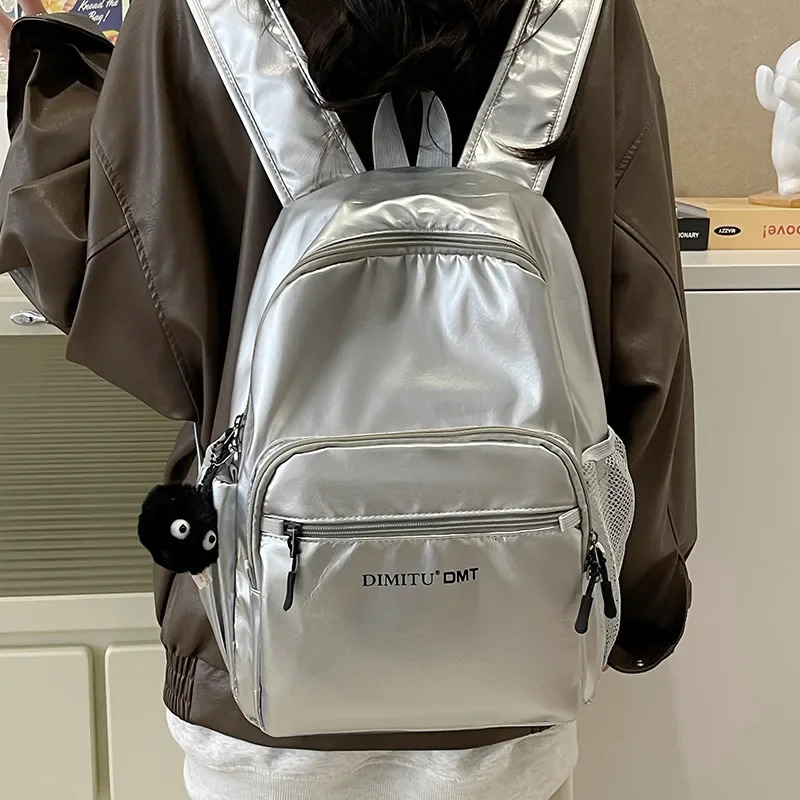 Large Capacity Shoulder Backpack Silver Nylon Commuting Backpack Women College Students Waterproof Lightweight Travel Schoolbag 250530