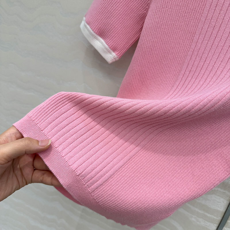 Summer Women's Color Block Fitted Knit Top Fashion Round Neck Jacquard Pure Cotton Short Sleeve Pink/Grey Designer Classic Retro Luxury Clothing