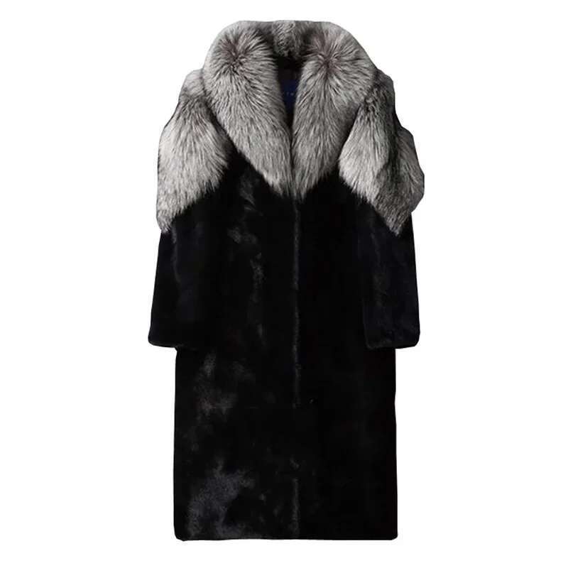 Maxi Men Winter Thick Hooded Faux Fox Coat Jacket Long Sleeve Warm Fur Black Parkas Bontjas Furry Shaggy Outerwear