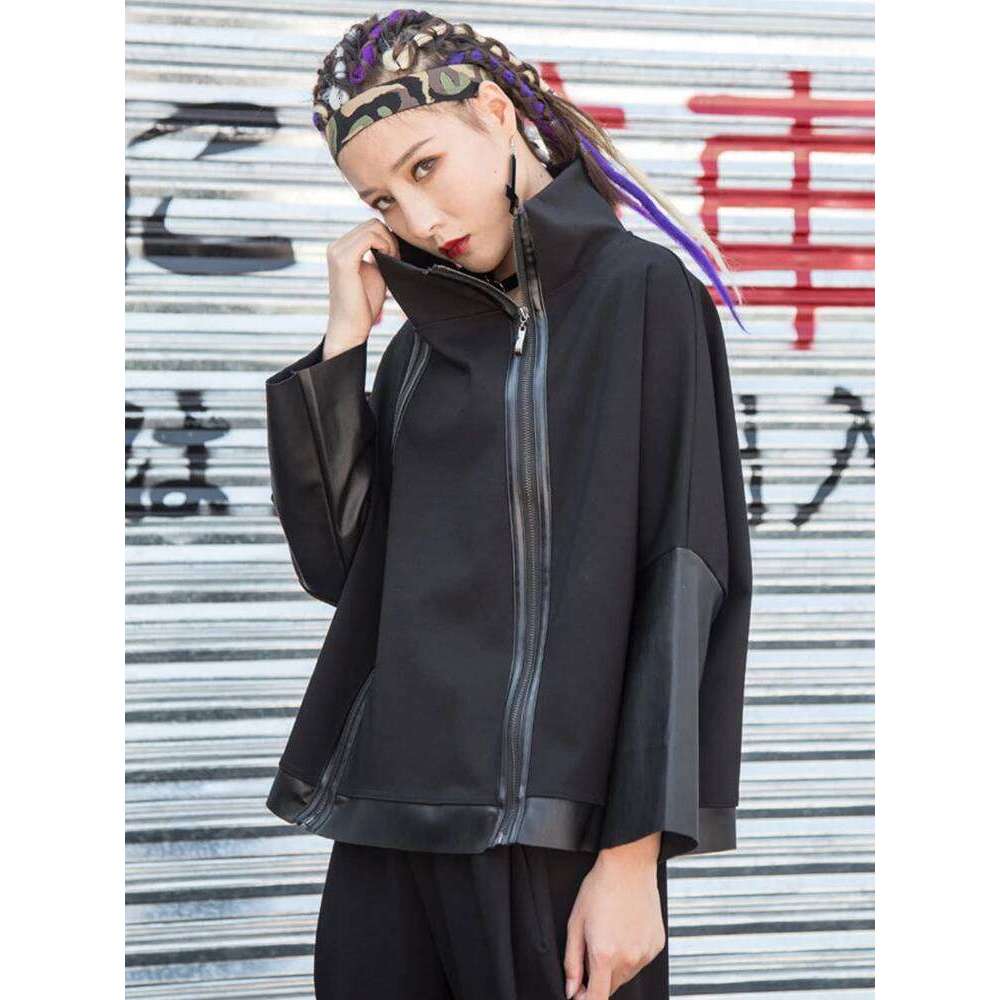 AmaxluluE Autumn 2025 Fashion Korean Ladies Punk Streetwear Womens Black Leather Patchwork Jacket Zipper Vintage Turtleneck Coat